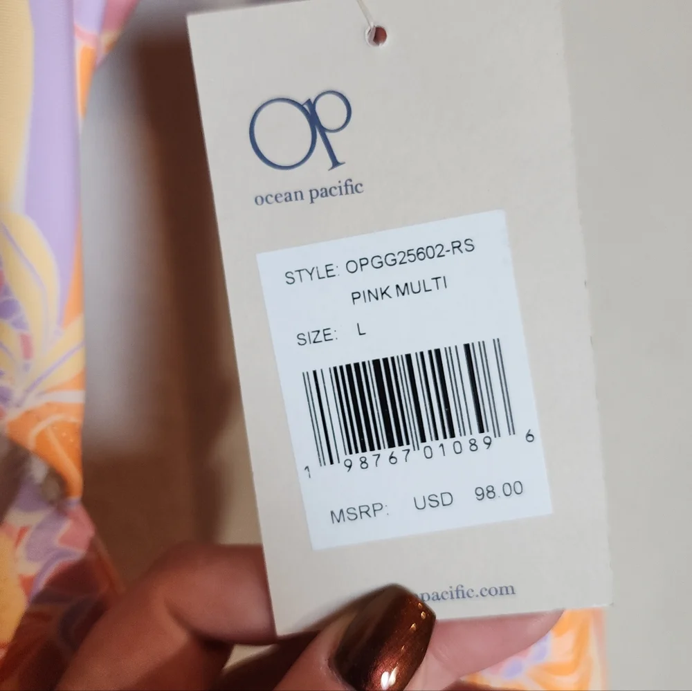 NWT OP Long Sleeve‎ One Piece Cutout Swimsuit Pink Orange Purple Floral Large